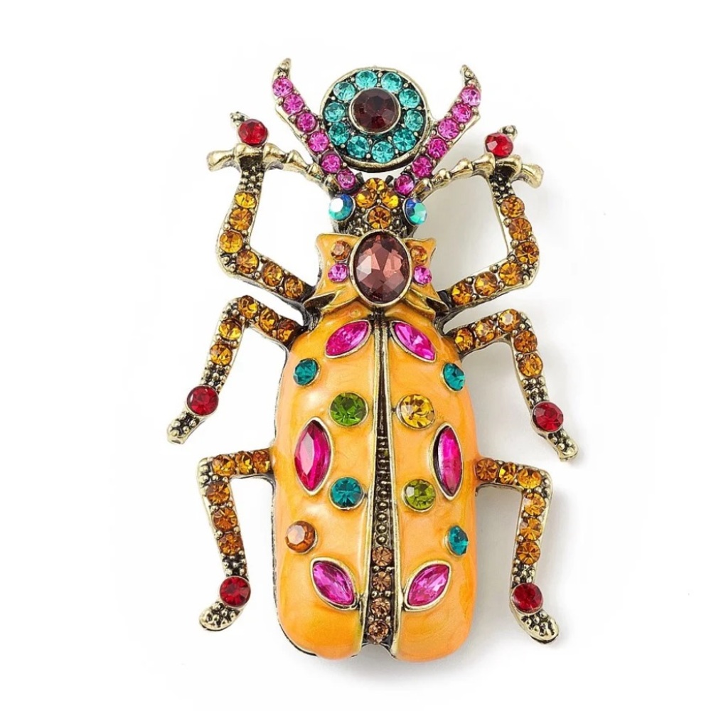 Colorful Jeweled Beetle Brooch - Orange Base with Multicolor Rhinestones